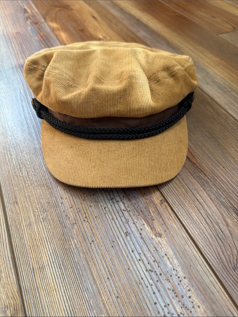 Tan Corduroy Captain's Cap with Black Braid
